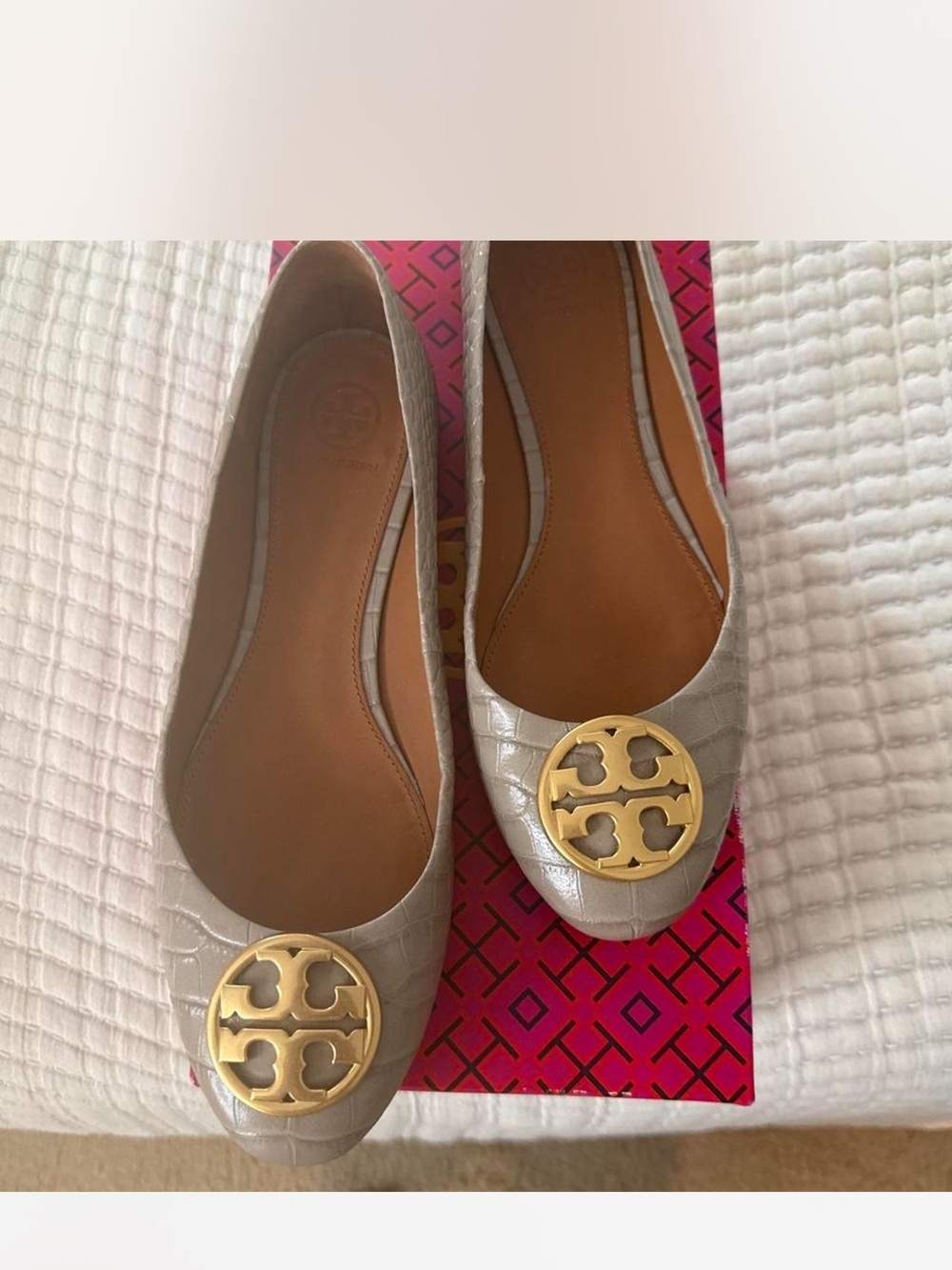 Tory Burch Taupe Croc-Embossed Logo Ballet Flats with Gold Medallions